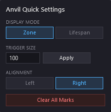 Anvil Quick Settings toolbar popup. Display mode, trigger size, alignment, clear all